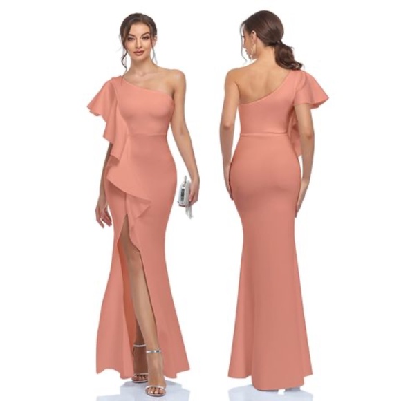 One Shoulder Ruffled Split Mermaid Evening Gown Cocktail Long Formal Dress - Picture 2 of 5